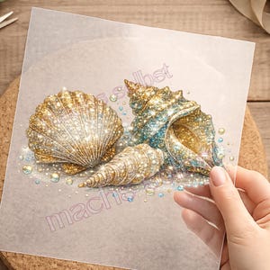 Bügelbild, Muschel, Glitzer Optik, einfach aufbügeln, Meer, Strand, Urlaub, See, Maritim, Geschenk, DTF, Shirt Design, Aufbügler, Damen