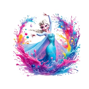 Könnte beinhalten: Digitale Illustration einer Frau in einem blauen Kleid mit langem Umhang, umgeben von einem farbenfrohen Farbspritzer. Die Frau hat blondes Haar und lächelt. Das Bild hat den Text "machs selbst" unten rechts.