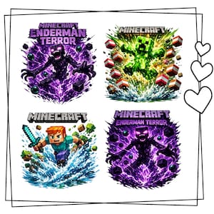 Könnte beinhalten: Vier Minecraft-Grafiken mit Charakteren und Logos. Eines zeigt einen Enderman mit dem Text "Minecraft Enderman Terror". Ein anderes zeigt einen Creeper. Ein drittes zeigt einen Charakter mit einem Schwert. Die vierte Grafik zeigt einen Enderman.