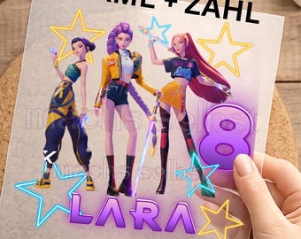 K-Pop, Huntrix, Geburtstag, Bügelbild, personalisiert, einfach aufbügeln, KI, Geburtstagsshirt, Kinder, Geschenk, Mädchen, Party