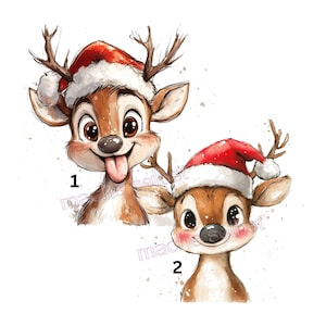 Könnte beinhalten: Zwei Illustrationen im Aquarellstil von Hirschen mit rot-weißen Weihnachtsmannmützen. Der linke Hirsch ist mit der Nummer 1 gekennzeichnet und streckt die Zunge heraus. Der rechte Hirsch ist mit der Nummer 2 gekennzeichnet und lächelt.