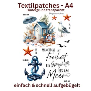 A4 Set, Bügelbild, einfach aufbügeln, bügeln, Maritim, Anker, Meer, Spruch, Urlaub, See, Möwe, Seestern, Geschenk, Damen, DTF, Shirt, DIY