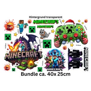 Könnte beinhalten: Eine Sammlung von Minecraft-Aufklebern und Grafiken. Enthält einen Drachen, Charaktere, einen Creeper-Controller mit Weihnachtsmütze und das Minecraft-Logo. Das Bundle misst ca. 40 x 25 cm.