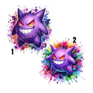 Könnte beinhalten: Zwei grafische Illustrationen der violetten Kreatur Gengar, jeweils vor einem lebendigen, mehrfarbigen Aquarell-Spritzer-Hintergrund. Die Designs sind mit den Zahlen 1 und 2 gekennzeichnet und enthalten kleine rote und weiße kugelförmige Symbole.