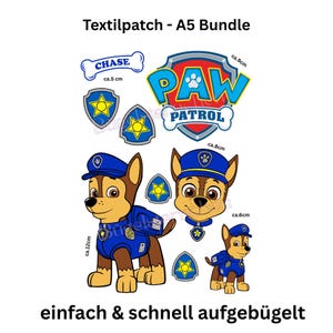 Könnte beinhalten: Eine Sammlung von Bügelflicken mit Charakteren und Logos der Zeichentrickserie "PAW Patrol". Enthält Bilder von Chase, Abzeichen und dem Logo der Show. Die Flicken sind in Blau, Gelb und Braun gehalten, mit Maßen in cm.