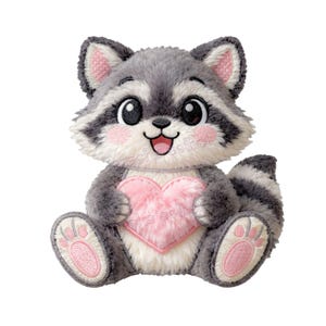 Könnte beinhalten: Ein Plüsch-Waschbär-Spielzeug mit grauem und weißem Fell, das ein rosa Herz hält. Der Waschbär hat große, ausdrucksstarke Augen, rosa Akzente an Ohren und Wangen sowie einen lächelnden Mund. Das Spielzeug ist zum Sitzen konzipiert.