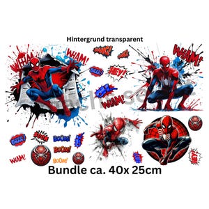 Könnte beinhalten: Eine Sammlung von Spider-Man-Grafikaufklebern, die den Charakter in verschiedenen Action-Posen zeigen, begleitet von Comic-Soundeffekt-Texten wie WHAM, BOOM und HEY, mit einer Gesamtgröße des Bündels von ca. 40 x 25 cm.