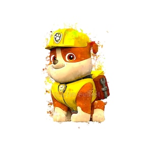 Könnte beinhalten: Eine Illustration im Aquarellstil eines braun-weißen Bulldoggenwelpen, der einen gelben Bauhelm und eine passende gelbe Weste trägt. Der Welpe hat einen roten Rucksack mit einem befestigten Schraubenschlüssel und der Text machs selbst ist sichtbar.
