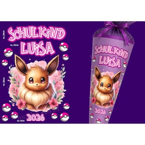 Könnte beinhalten: Eine lila Schultüte mit dem Text Schulkind Luisa und 2026, verziert mit einem braunen Evoli, rosa Blumen und kleinen Pokéball-Symbolen. Die Öffnung ist mit einem lila Band gebunden. Die Maße sind mit 11cm und 18cm angegeben.