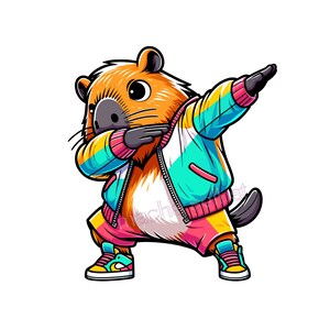 Könnte beinhalten: Ein Cartoon-Murmeltier in einer bunten Jacke, Shorts und Turnschuhen, das eine Dab-Pose ausführt. Die Jacke ist türkis, rosa, gelb und blau. Das Murmeltier hat orangefarbenes Fell und eine schwarze Nase und einen schwarzen Schwanz.