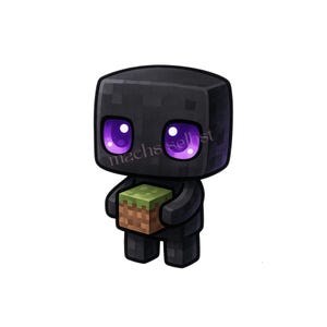 Könnte beinhalten: Ein Cartoon-Enderman-Charakter aus dem Spiel Minecraft, im Chibi-Stil dargestellt. Die Figur ist schwarz mit lila Augen und hält einen grünen und braunen Block. Der Text "machs selbst" ist sichtbar.