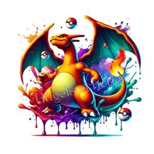 Könnte beinhalten: Eine lebendige Illustration von Charizard, einer feurigen orangefarbenen, drachenartigen Kreatur, mit ausgebreiteten Flügeln und einem entschlossenen Ausdruck. Das Kunstwerk zeigt farbenfrohe Farbspritzer und mehrere Poké Bälle, die ein dynamisches Design schaffen. Das Thema bezieht sich auf die Pokémon-Franchise.