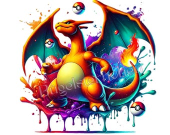 Glurak, Charizard, Pokemon, Bügelbild, Bügelmotiv, einfach & schnell aufbügeln, KI-Kunst, Glumanda, Splashes, Kinder, Jungs, Shirt Design