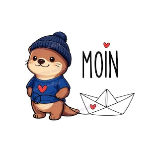 Könnte beinhalten: Cartoon-Illustration eines Otters mit blauer Mütze und Pullover mit rotem Herz. Der Otter zieht ein Papierboot mit Herz. Das Wort "MOIN" ist schwarz geschrieben. Auf weißem Hintergrund.