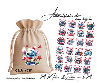 Adventskalender, Bügelbilder, einfach aufbügeln, Kinder, Mädchen, Stitch Stil, basteln, DIY, handmade, Geschenk, Weihnachten, Advent, KI