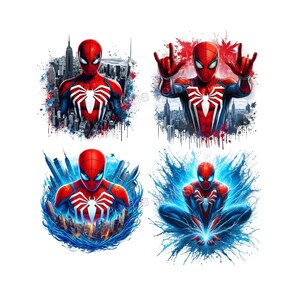 Könnte beinhalten: Vier digitale Illustrationen von Spider-Man in verschiedenen Actionposen. Jedes Bild zeigt Spider-Man in seinem klassischen rot-blauen Anzug mit einem weißen Spinnenemblem. Die Hintergründe zeigen Stadtlandschaften und dynamische Effekte.