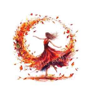 Könnte beinhalten: Aquarellillustration einer Frau in einem fließenden roten Kleid, die in einem Wirbel aus Herbstblättern tanzt. Die Blätter sind rot, orange und gelb und erzeugen ein lebendiges, saisonales Thema.