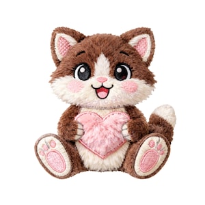 Könnte beinhalten: Ein Plüschkatzenspielzeug mit braunem und weißem Fell, großen schwarzen Augen und rosa Wangen. Die Katze hat eine weiße Schnauze, eine rosa Nase und einen offenen Mund. Sie hält ein großes, flauschiges rosa Herz und hat rosa Pfotenpolster.