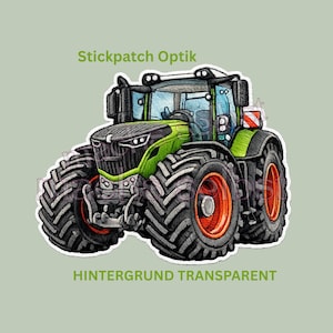 Könnte beinhalten: Detaillierte Illustration eines grünen und schwarzen Traktors mit großen schwarzen Reifen und orangefarbenen Felgen. Der Traktor hat ein detailliertes Design und der Text "Stickpatch Optik" und "HINTERGRUND TRANSPARENT" sind sichtbar.