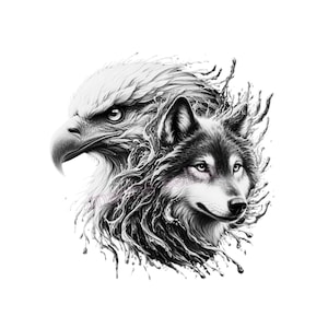 Könnte beinhalten: Eine schwarz-weiße grafische Illustration, die den Kopf eines Weißkopfseeadlers neben dem Kopf eines Wolfes zeigt. Das Design enthält flüssige, spritzartige Tinteffekte, die die beiden Tierporträts zu einer einzigen, zusammenhängenden Komposition verschmelzen.