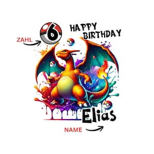 Könnte beinhalten: Eine lebendige Illustration mit einem Charizard-Charakter in Orange- und Gelbtönen, vor einem farbenfrohen Spritzer-Hintergrund. Das Bild enthält den Text "HAPPY BIRTHDAY" und den Namen "Elias", zusammen mit der Zahl 6 und dem Wort "Zahl".