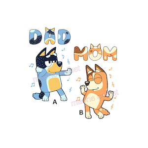 Könnte beinhalten: Ein Grafikdesign mit zwei Zeichentrickhunden. Figur A ist blau und schwarz, beschriftet mit DAD, und tanzt mit blauen Musiknoten. Figur B ist orange und weiß, beschriftet mit MOM, und tanzt mit orangen Musiknoten. Beide Figuren sind dynamisch.