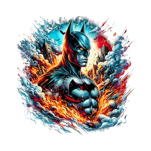 Könnte beinhalten: Eine grafische Illustration von Batman in einem dunkelblauen und schwarzen Anzug mit einem Fledermaus-Emblem auf der Brust. Die Figur ist von wirbelnden Wolken aus orangefarbenem, rotem und blauem Rauch umgeben, mit Silhouetten hoher Gebäude im Hintergrund.