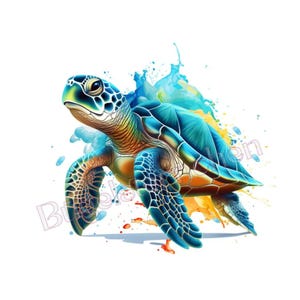 Könnte beinhalten: Eine lebendige Aquarellillustration einer Meeresschildkröte. Die Schildkröte hat einen blau-grünen Panzer mit orangefarbenen und gelben Akzenten. Wasserspritzer in Blau, Gelb und Orange umgeben die Schildkröte und erzeugen einen dynamischen Effekt. Die Schildkröte ist auf weißem Hintergrund dargestellt.