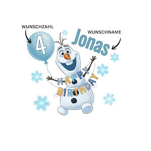 Könnte beinhalten: Ein Cartoon-Bild von Olaf dem Schneemann, der einen blauen Ballon mit der Zahl 4 hält. Der Text "Happy Birthday" ist über Olafs Körper zu sehen. Der Name "Jonas" ist blau geschrieben, und Schneeflocken sind verstreut.