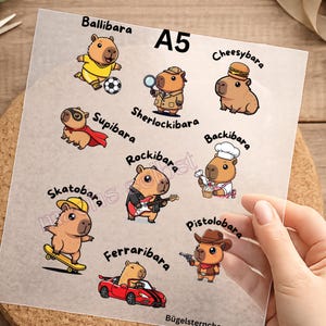 Könnte beinhalten: Ein transparentes A5-Blatt mit neun Cartoon-Capybara-Aufklebern und den Beschriftungen: Ballibara, Sherlockibara, Cheesybara, Supibara, Rockibara, Backibara, Skatobara, Ferraribara und Pistolobara. Jedes Capybara trägt ein anderes Kostüm.