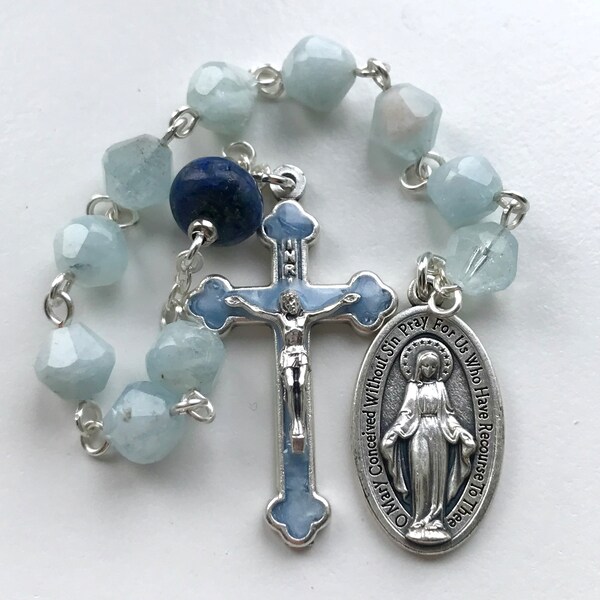 Aquamarine Single Decade Rosary. One decade rosary for women. Single Decade for Men. Rosary UK.
