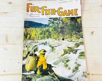 May include: Vintage "Fur-Fish-Game" magazine from September 1962. The cover features a man in a yellow jacket and hat, fishing in a river with a waterfall. The magazine's title is in orange and yellow, with a scenic background.