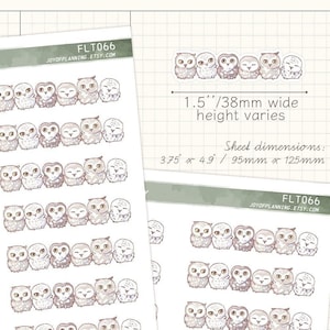 May include: A sheet of 1.5 inch wide owl stickers. The sheet is 3.75 inches by 4.9 inches and features rows of white owls with gray and brown markings. The owls are arranged in a line, facing forward, with their eyes closed. The text "FLT066" and "JOYOFPLANNING.ETSY.COM" is printed on the sheet.
