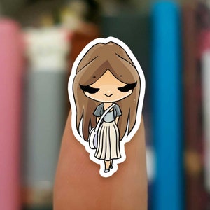 May include: A sticker of a cartoon girl with brown hair, wearing a light blue shirt and a beige skirt. She is carrying a white bag and has a happy expression on her face.