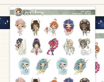 Zodiac Sign Sticker Sheet / Hand Drawn Astrology Character Art / Kawaii Horoscope Stickers for Planners & Journals / JOP1800