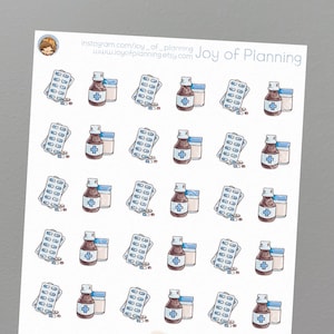 May include: A sheet of 25 sticker designs featuring a watercolor illustration of a bottle of pills and a pill pack. The stickers are white with a light blue background and are perfect for planners and journals.