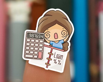 May include: A cartoon illustration of a person with brown hair and a blue shirt holding a calculator and a notepad with the text "Loan %" on it.