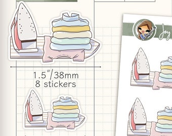 Könnte beinhalten: Ein Set mit 23 Aufklebern mit einem Bügeleisen und einem Stapel Kleidung. Die Aufkleber sind in verschiedenen Farben, darunter rosa, blau, gelb und grün. Die Aufkleber sind 3,8 cm und 2,5 cm groß. Die Aufkleber sind perfekt, um Ihrem Planer oder Tagebuch einen Hauch von Verspieltheit zu verleihen.