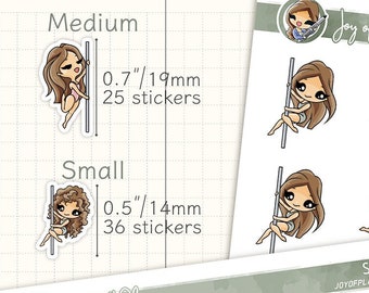 May include: A sheet of stickers featuring illustrations of a woman in various poses on a pole. The stickers are available in two sizes: 0.7 inches (19 mm) and 0.5 inches (14 mm). The sheet includes 25 medium-sized stickers and 36 small stickers.