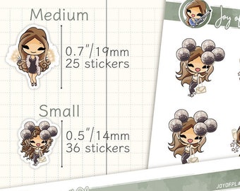 Può includere: Un set di 36 adesivi piccoli e 25 medi per planner con una donna dei cartoni animati con i capelli castani che tiene dei palloncini. Gli adesivi sono stampati su carta bianca e hanno una finitura lucida. Gli adesivi sono perfetti per aggiungere un tocco di fantasia al tuo planner.