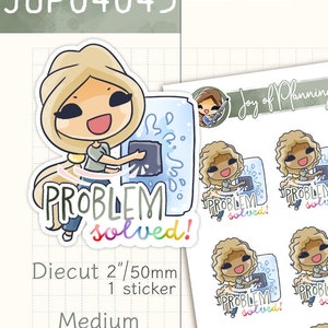 Pode incluir: Um conjunto de 36 adesivos coloridos para planejador com um personagem de desenho animado com o texto "Problema resolvido!" em um balão de fala. Os adesivos estão disponíveis em três tamanhos: 5 cm, 1,8 cm e 1,3 cm.