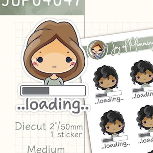 May include: A set of 36 digital planner stickers featuring a cartoon character with the text "...loading..." on a white background. The stickers are available in three sizes: 2 inches, 0.7 inches, and 0.5 inches.
