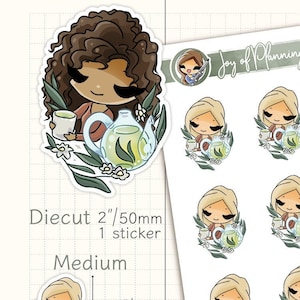 Adesivos para rituais de chá de ervas / Adesivos personalizados para planejamento de autocuidado com personagens / Ícones de monitoramento de bem-estar desenhados à mão / JOP01016