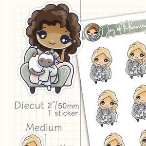 Foglio di adesivi con ragazza carina e gatto / Adesivi per planner kawaii disegnati a mano / Adesivi personalizzati / JOP08030