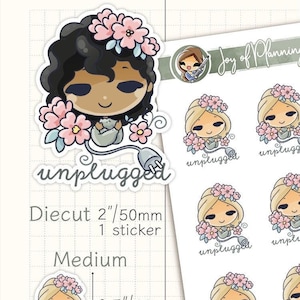 May include: A set of 36 cute cartoon girl stickers with pink flowers in their hair. The stickers are available in three sizes: 2 inches, 0.7 inches, and 0.5 inches. The stickers feature the text "unplugged" and the phrase "Joy of Planning".