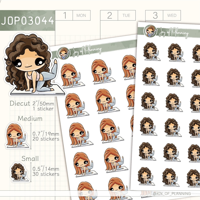 Planner stickers showing a girl in a yoga stretch pose, perfect for logging flexibility training, yoga sessions, or self-care routines. These hand-drawn stickers are available in three sizes and customizable with a variety of skin tones and hair colors.