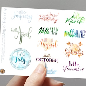 May include: A set of 12 watercolor-style monthly planner stickers with the word "hello" and the month of the year. The stickers are in various colors and feature different designs.