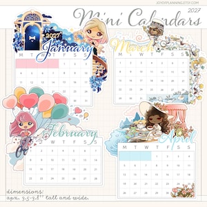 Könnte beinhalten: Ein Set aus 2027 Mini-Kalender-Aufklebern für Januar, Februar, März und April. Jeder Monat zeigt ein Datumsraster und einzigartige Cartoon-Illustrationen. Der Text enthält 'Mini Calendars 2027' und Maße von 3,5 bis 3,8 Zoll.