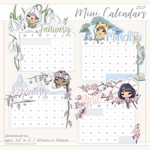 May include: A 2027 mini calendar sheet featuring four monthly grids for January, February, March, and April. Each month includes illustrated characters and seasonal elements like snowdrops, swans, frogs, and cherry blossoms. Dimensions are 3.8 inches by 4 inches.