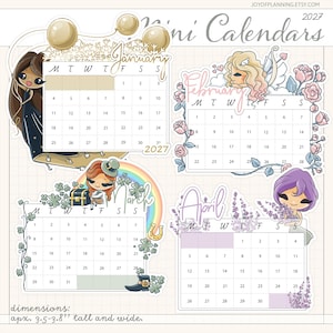 Könnte beinhalten: Ein Set aus 2027 Mini-Kalender-Aufklebern mit vier Monatsübersichten für Januar, Februar, März und April. Jeder Monat zeigt einzigartige Illustrationen, darunter eine Figur, Luftballons, Rosen, einen Regenbogen und Kleeblätter. Die Maße betragen 8,9-9,7 cm.
